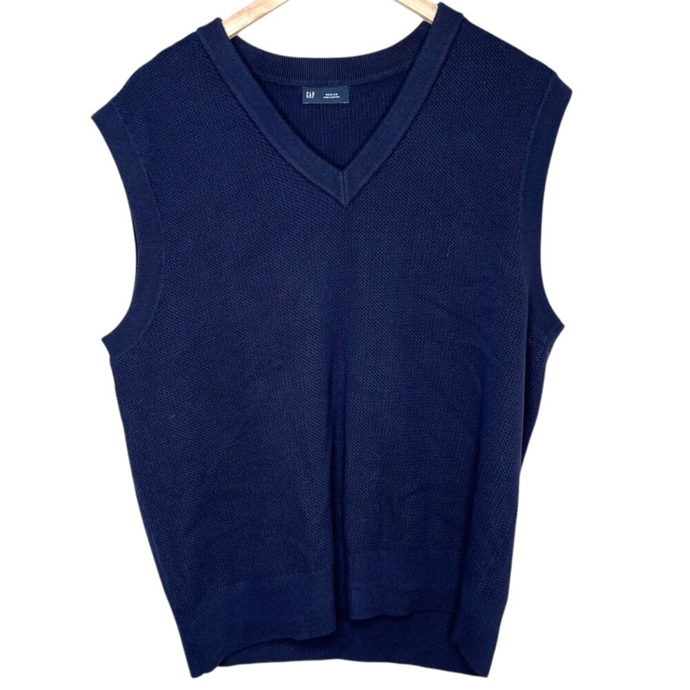 Gap Mens Normcore Textured Navy Blue Uniform V-Neck Sleeveless Sweater Vest Med